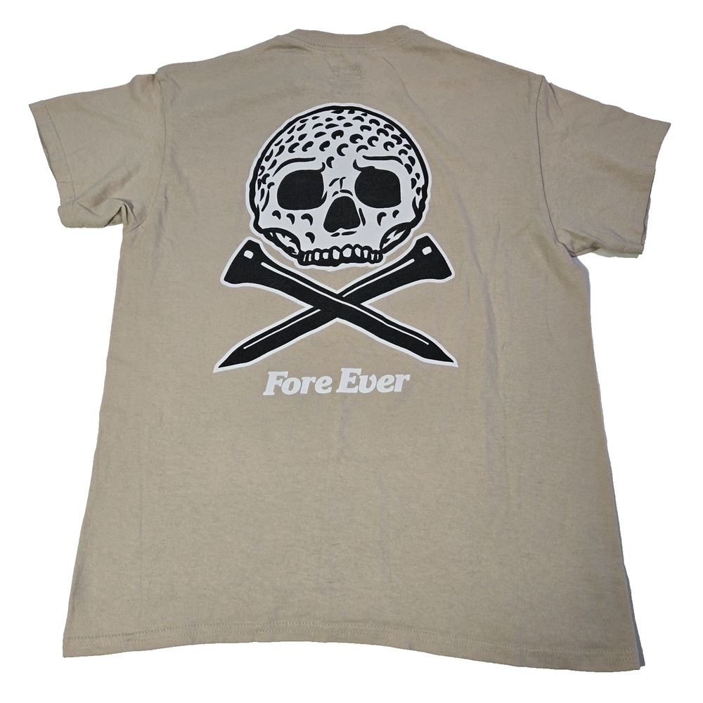Fore Ever Shirt Mens Medium Beige Golf Crew Neck Cotton Short Sleeve Skull Ball